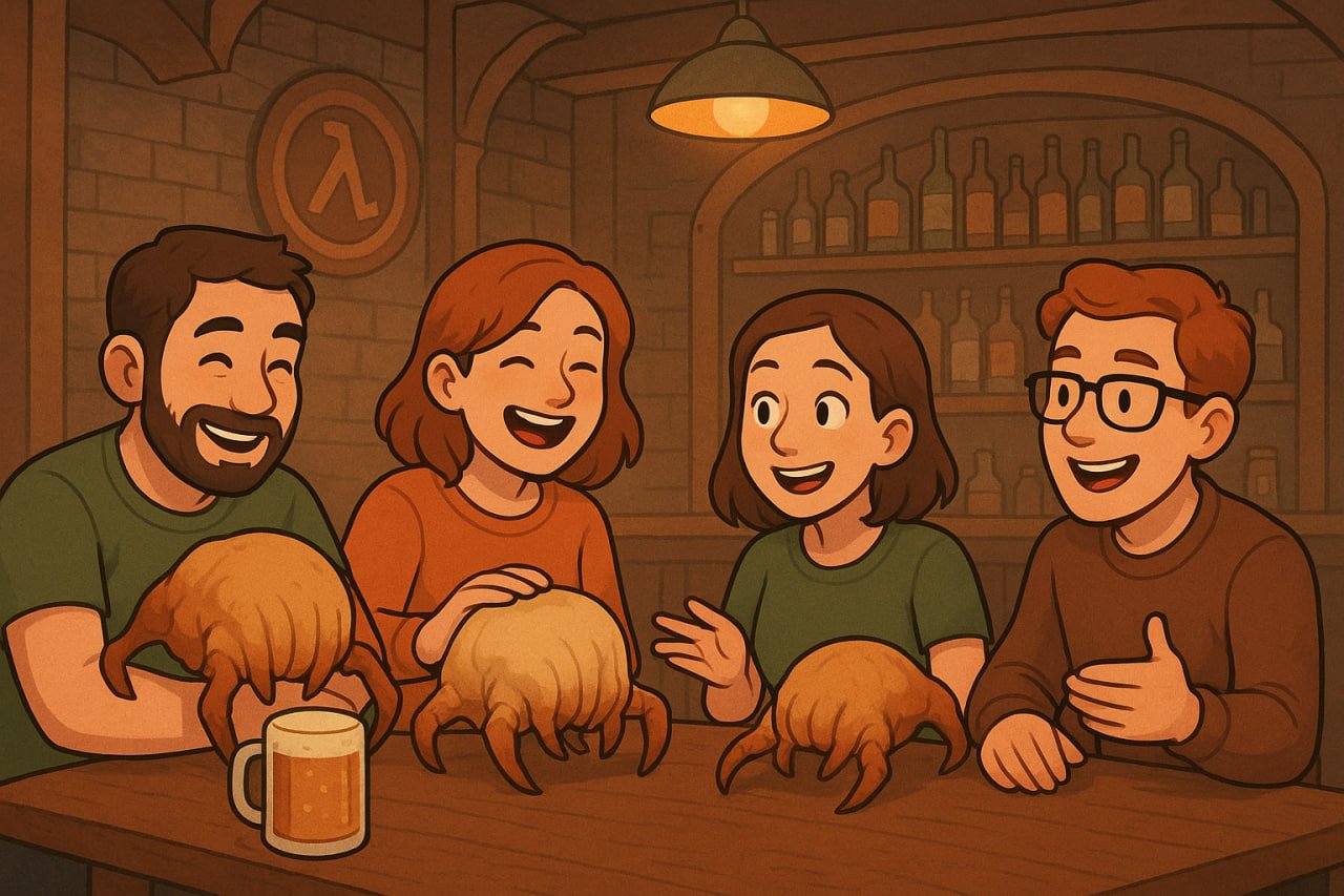 энтузиасты дружелюбно сидят в баре с питомцами хэдкрабами